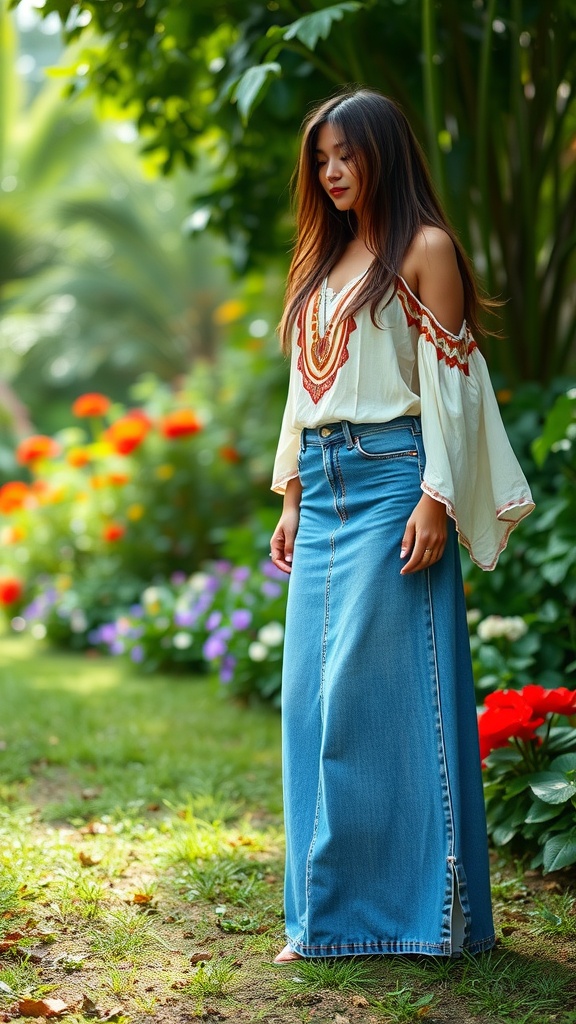 A woman in a flowing top and long jean skirt standing in a garden.