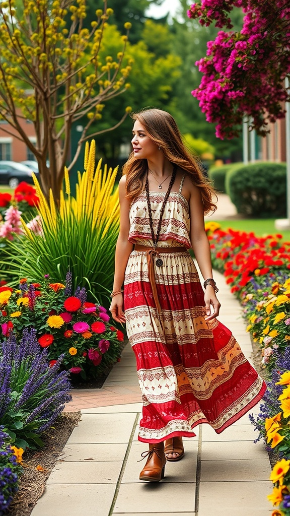 A young woman in a floral maxi dress walking through a colorful garden.