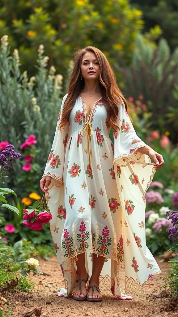 A woman in a floral bohemian dress holding flowers in a garden