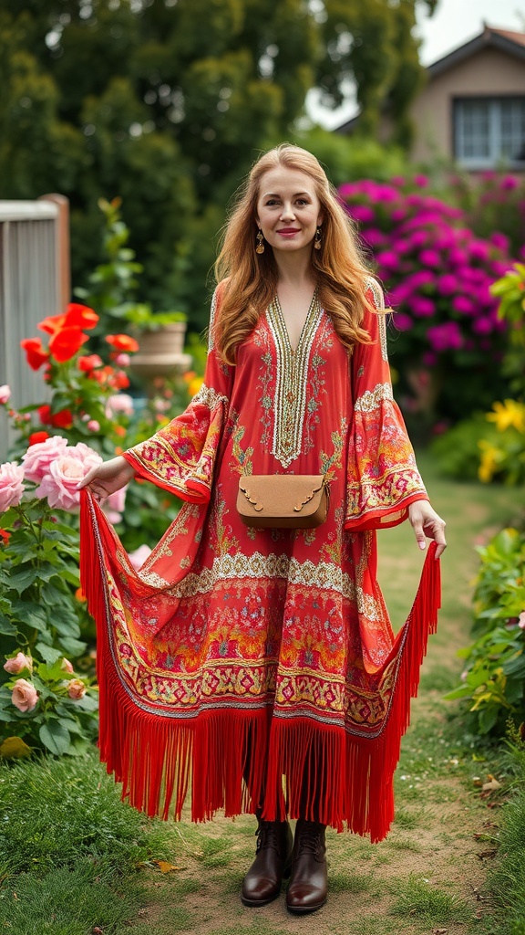 A woman in a vibrant bohemian dress standing in a flower garden