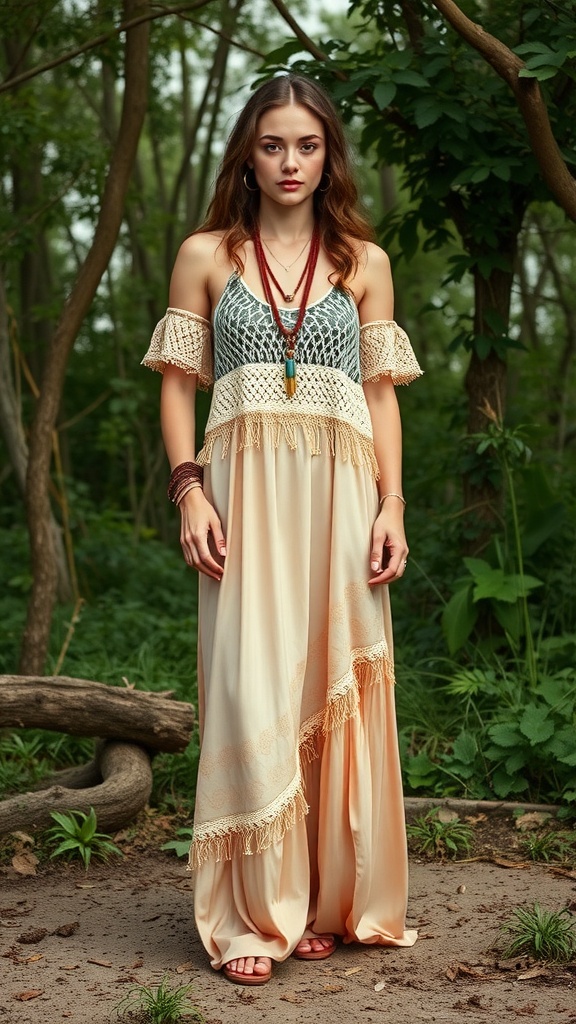 Model wearing a silk maxi skirt with a textured top in a natural setting