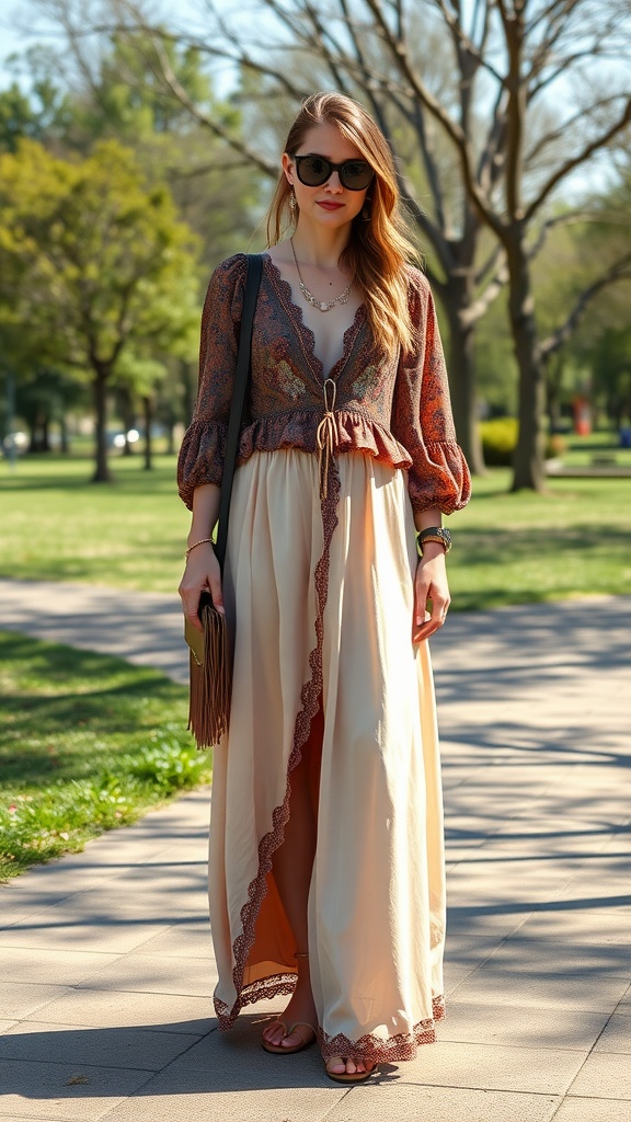 A woman wearing a flowy blouse and a silk maxi skirt, styled with sunglasses and a clutch in a sunny park.