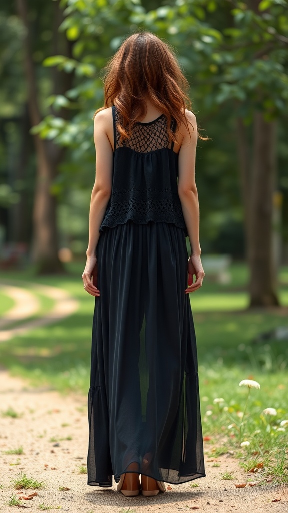 A woman wearing a black crochet top and a black maxi skirt, viewed from the back in a green outdoor setting.