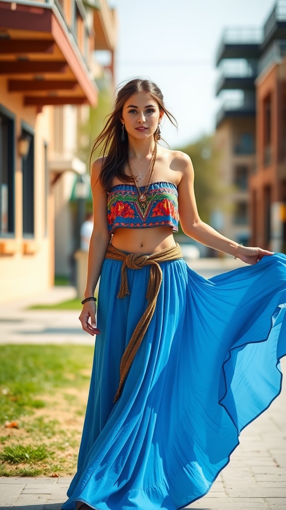 A woman wearing a colorful crop top and a flowing blue maxi skirt, walking confidently down a sunny street.