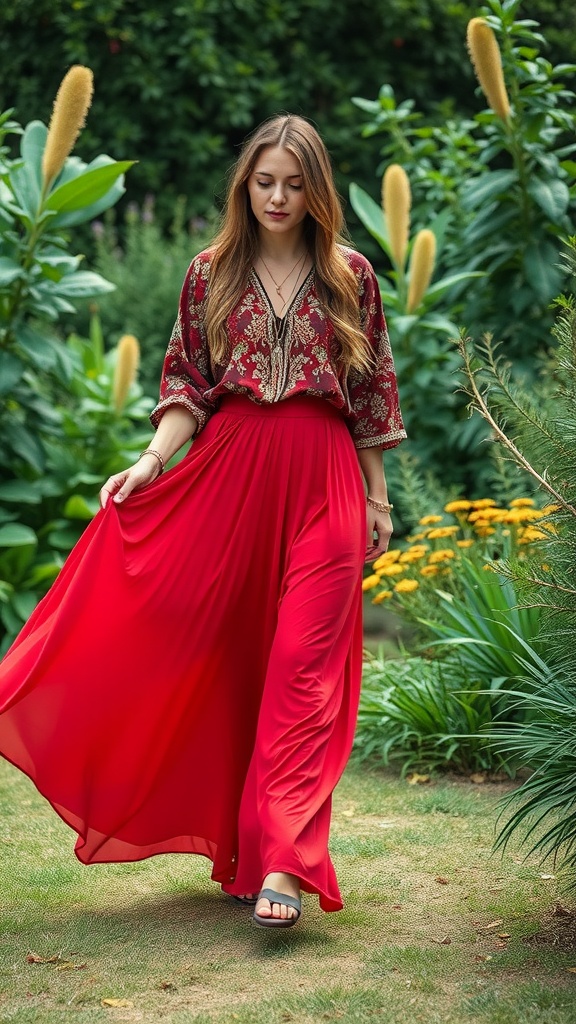 A woman wearing a red maxi skirt and a floral blouse, walking through a garden.