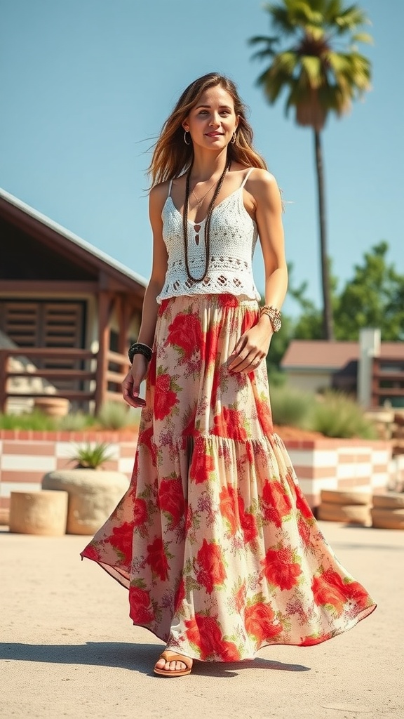 A woman wearing a floral maxi skirt and a knitted top, walking in a sunny outdoor setting