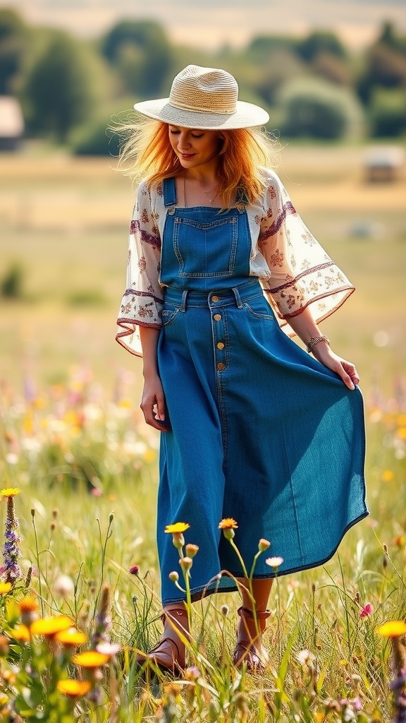 A woman wearing a denim maxi skirt and a flowing blouse in a field of flowers.