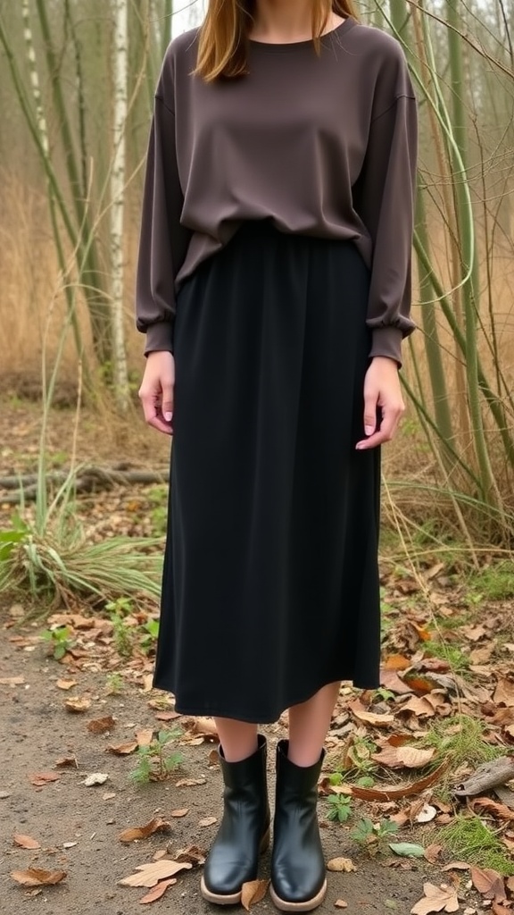 A woman wearing a black midi skirt and a flowing brown top with ankle boots, surrounded by nature.