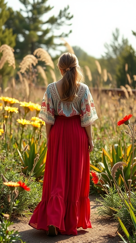 A woman wearing a red maxi skirt and a flowy blouse stands in a flower-filled field.