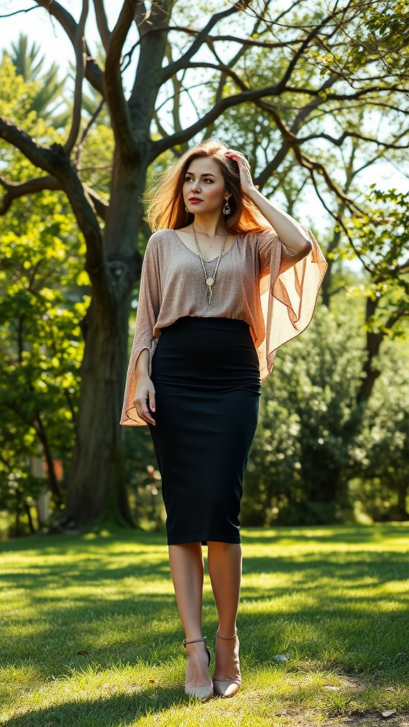 A woman wearing a flowy top and a pencil skirt stands in a lush green park.