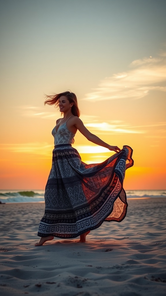 A woman twirling in a maxi skirt at the beach during sunset, embodying bohemian vibes.