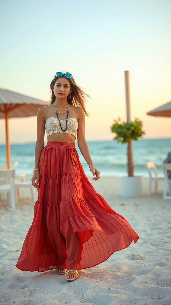 A young woman wearing a tiered maxi skirt and a cropped lace top, walking on the beach.