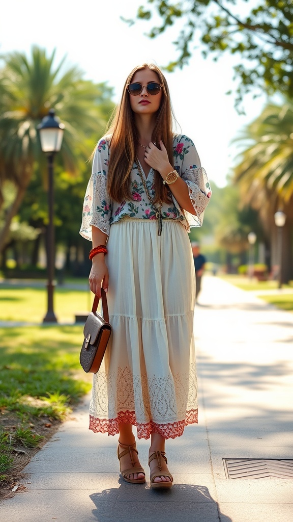 A woman wearing a flowing cream maxi skirt with a floral top, sunglasses, and a handbag, enjoying a sunny day in a park.