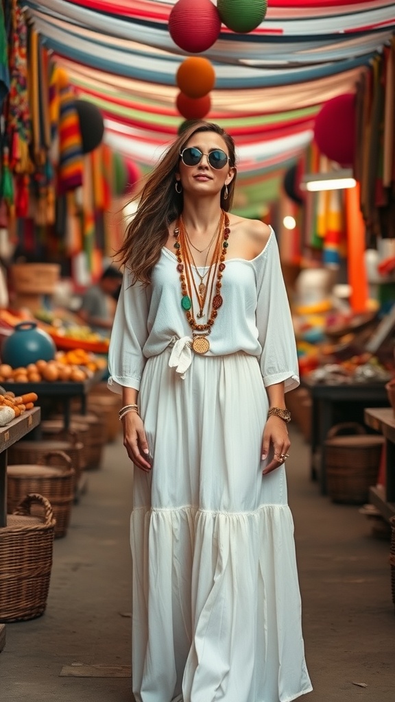 A woman in a white maxi skirt and layered accessories, walking through a colorful market.