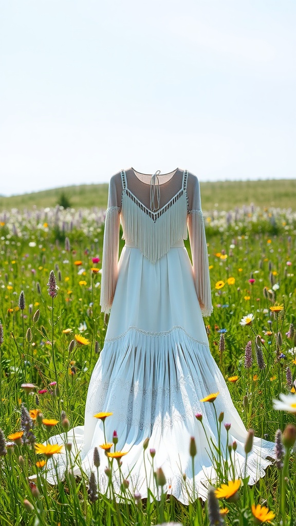 A bohemian western wedding dress displayed in a flower field, featuring fringe details and a flowing silhouette.