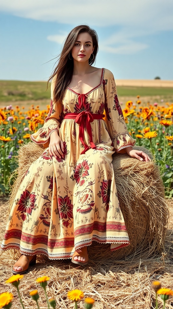 A woman sitting on a hay bale wearing a floral boho-chic maxi dress in a field of flowers.