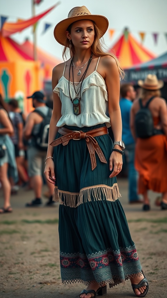 A woman wearing a boho-chic outfit with a maxi skirt and western accessories, set against a colorful festival backdrop.
