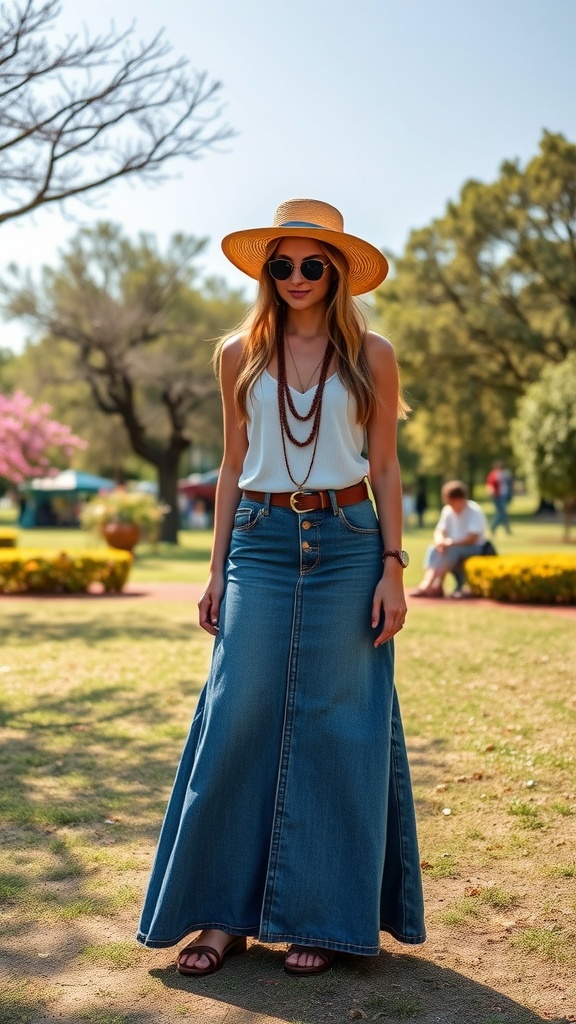 A woman wearing a long jean skirt with a tank top, hat, and sunglasses, standing in a park.