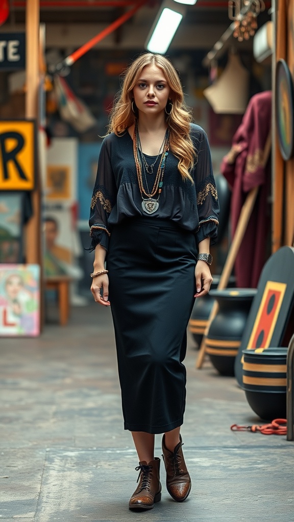 A woman in a black pencil skirt and flowing blouse with layered necklaces and brown shoes, showcasing a boho-chic vibe.