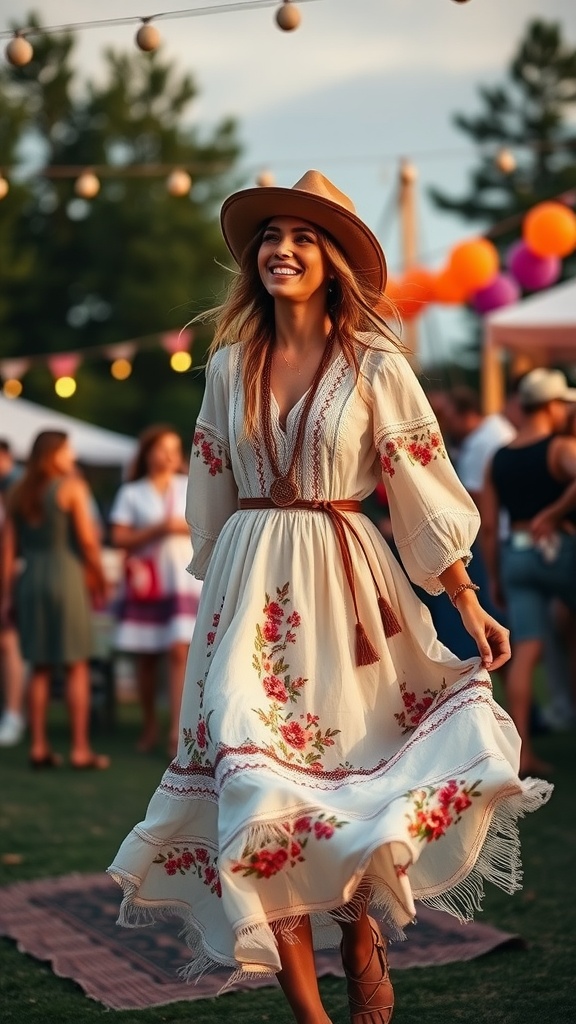 A woman in a flowy boho-chic western dress with floral patterns, smiling at a party.