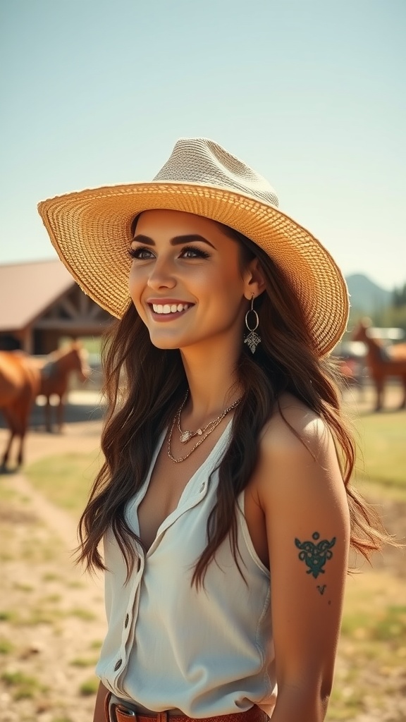 Woman wearing a wide-brim straw hat, smiling outdoors