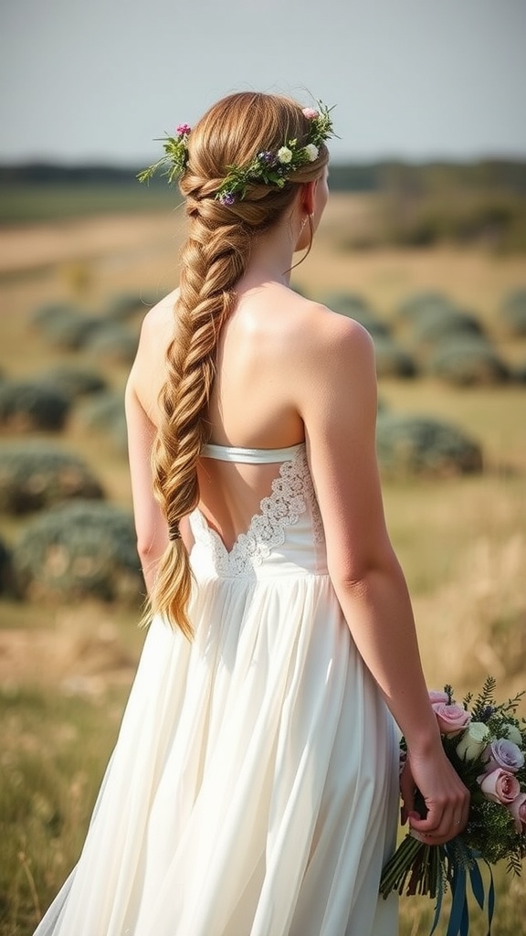 Bride with a fishtail braid and a floral crown, wearing a white dress in a natural setting.
