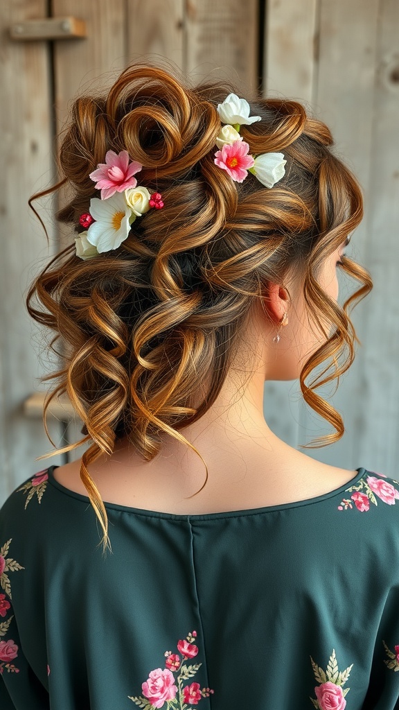 A woman with a boho chic curly updo adorned with colorful flowers, showcasing a relaxed and romantic hairstyle.