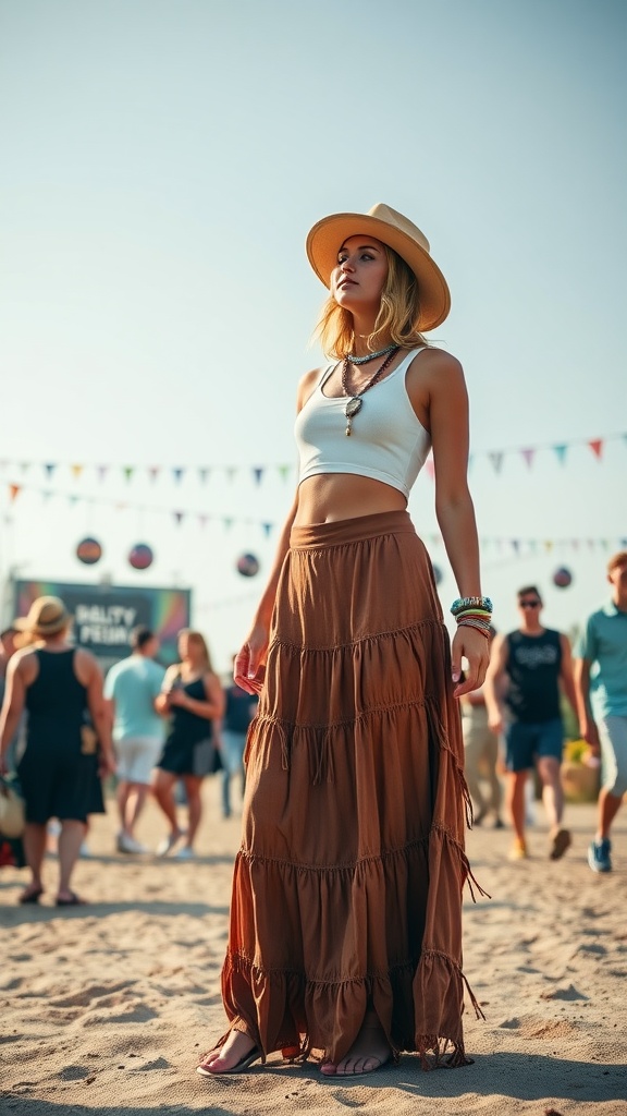 A woman wearing a brown maxi skirt and white crop top, accessorized with layered necklaces and a wide-brimmed hat, at a festival.