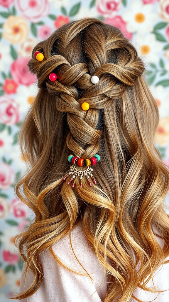 A woman with a stylish half braid adorned with colorful beads and loose waves