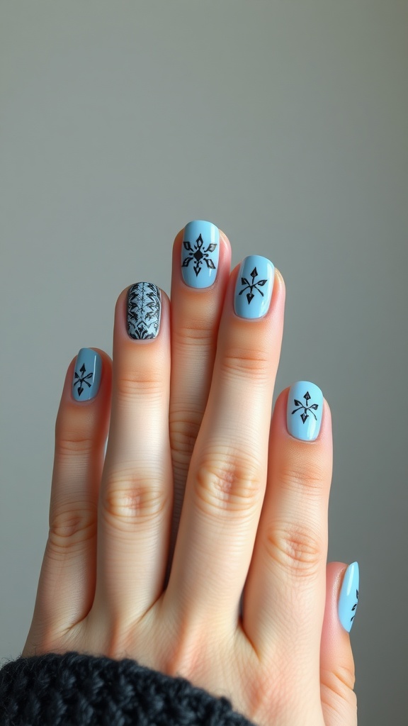 Light blue nails with black boho-inspired designs on five fingers.