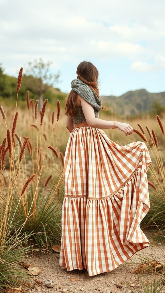 A person wearing a maxi gingham skirt and sweater, standing in a natural setting.