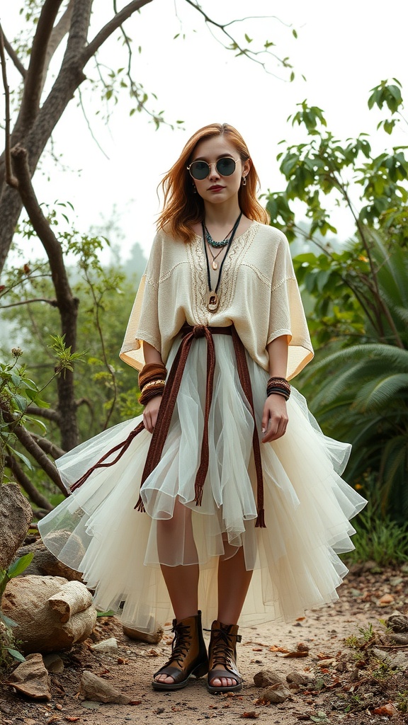 A person wearing a layered tulle skirt with a comfortable oversized top, accessorized with necklaces and bracelets, set in a natural outdoor environment.