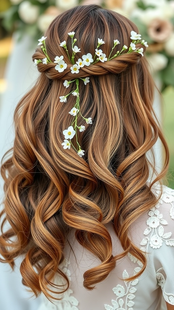 A close-up of a bride's hair styled in boho waves with floral accents, showcasing beautiful loose curls and delicate white flowers.