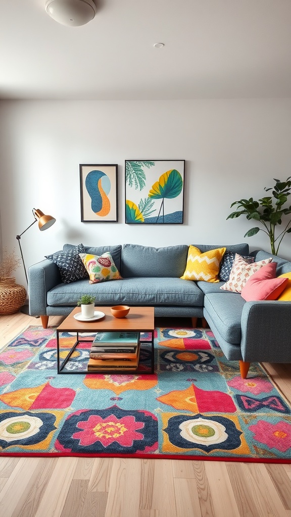 A cozy living room featuring a grey sofa, colorful cushions, and a vibrant rug.