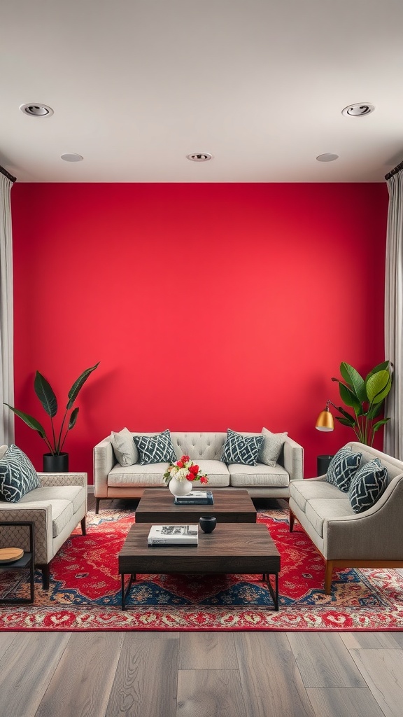 A contemporary living room with a bold red accent wall, neutral sofas, and plants.