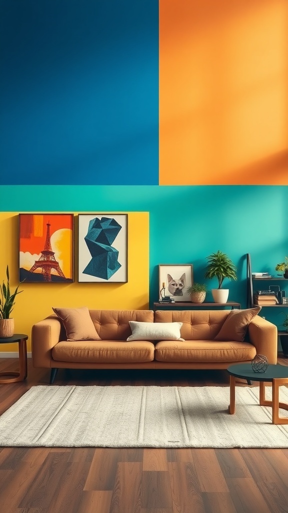 A living room featuring a brown couch and bold accent walls in teal and orange.