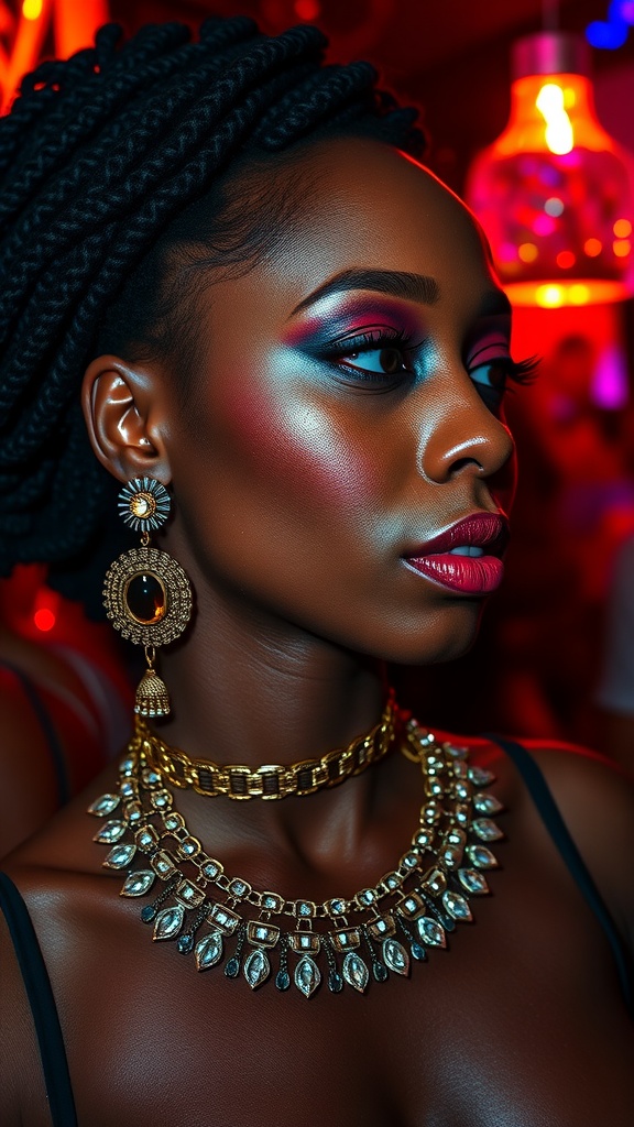 A close-up of a woman with bold jewelry, showcasing layered necklaces and intricate earrings, complemented by vibrant makeup.
