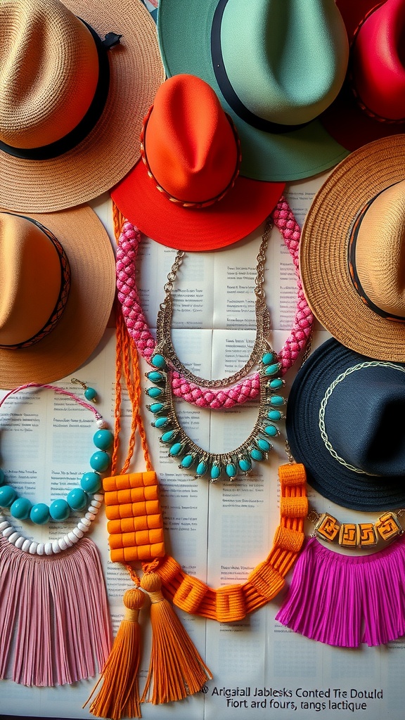 A colorful assortment of hats and necklaces laid out on a background, showcasing bold accessory options for a birthday celebration.