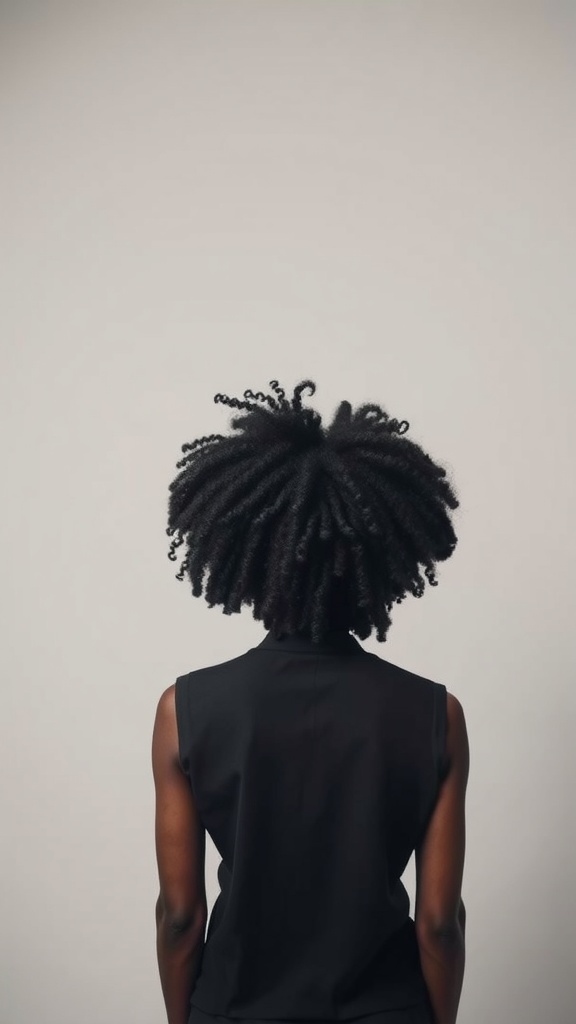 A person with a bold afro weave hairstyle, viewed from the back