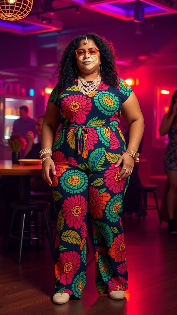 A plus-size woman wearing a vibrant floral jumpsuit, posing confidently in a club setting