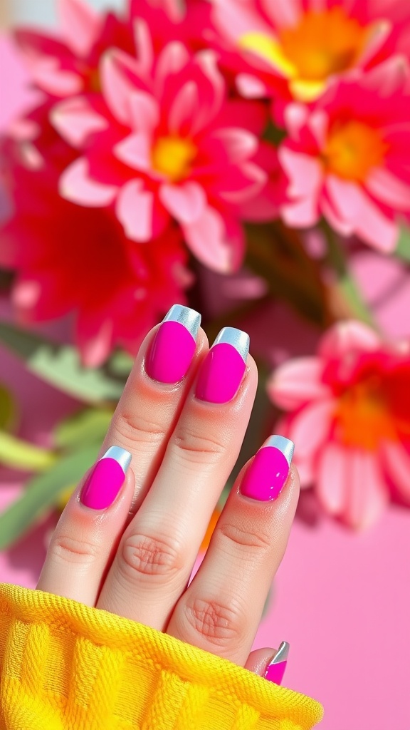 Close-up of hands with bold pink chrome French tip nails against a pink floral background.