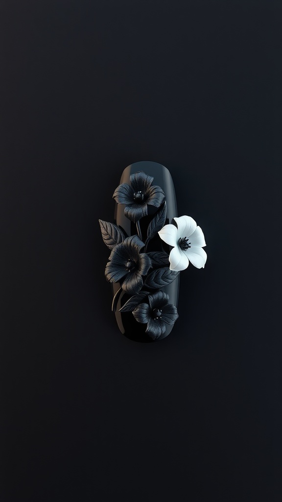 Black almond-shaped nails featuring intricate 3D floral designs