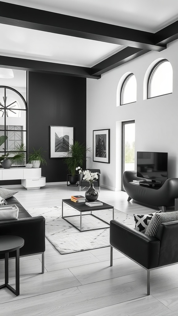 A modern living room with a bold black accent wall, white walls, and stylish black furniture.