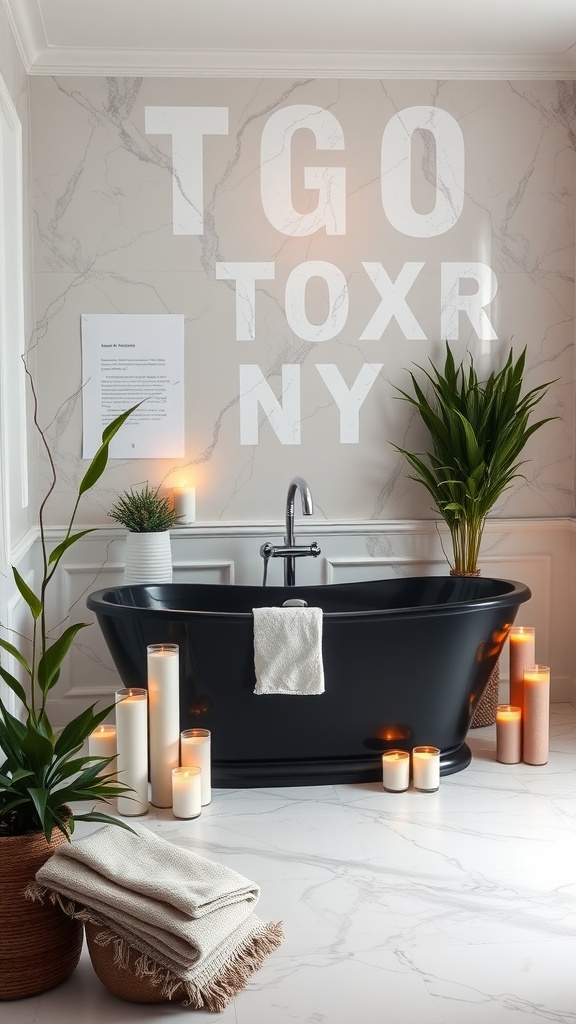 A modern bathroom featuring a bold black bathtub surrounded by plants and candles, creating a cozy and stylish atmosphere.