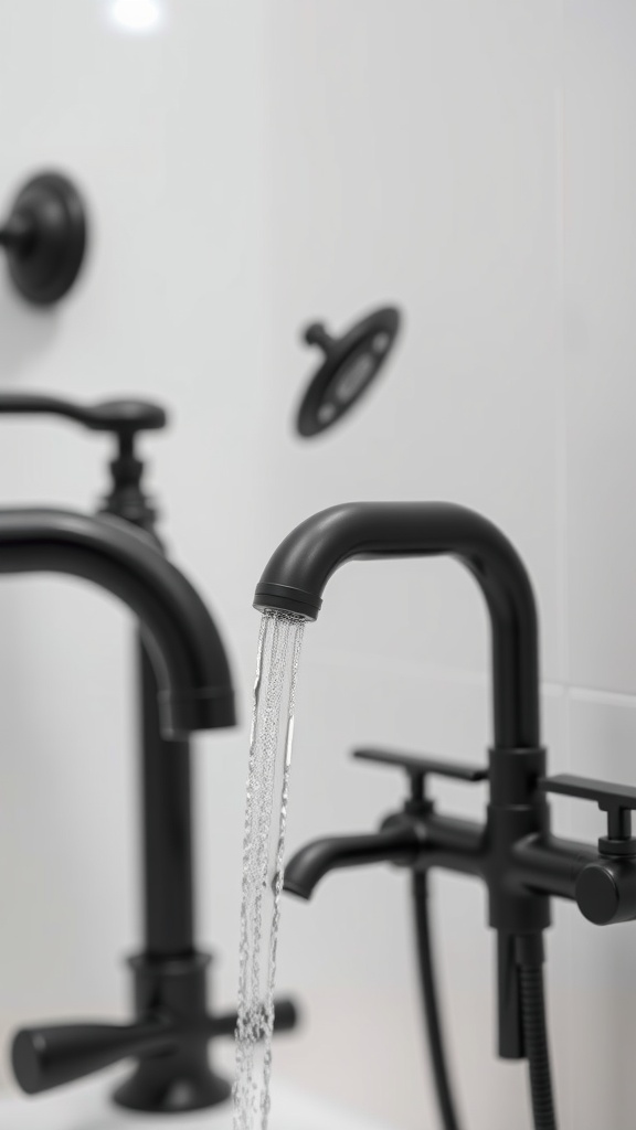 Modern black faucets and shower controls with water flowing