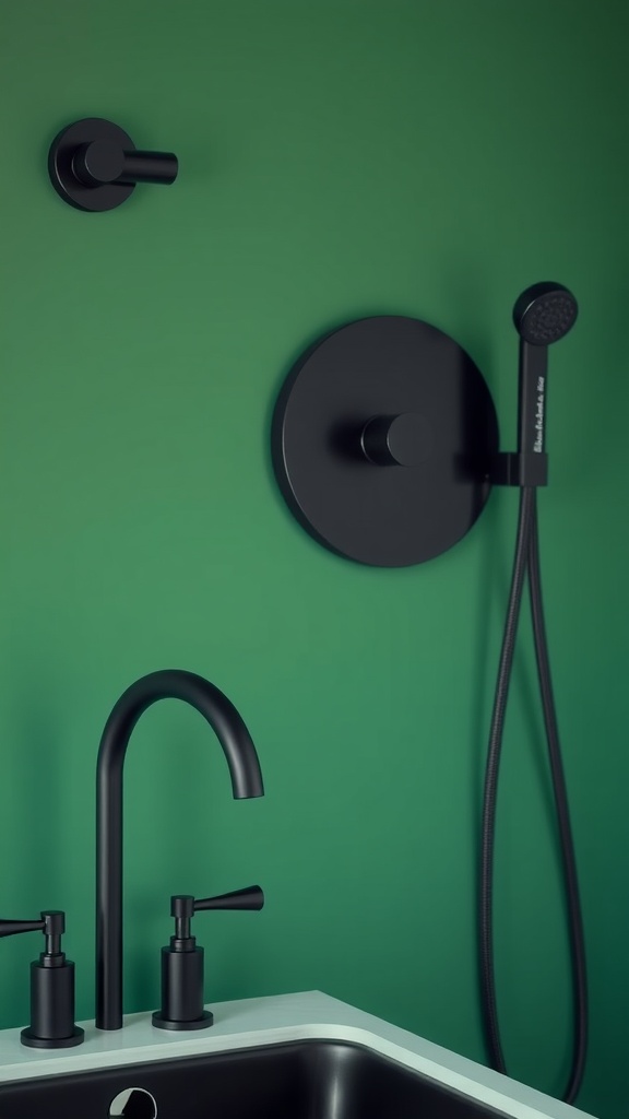 A modern bathroom featuring bold black fixtures against a vibrant green wall.