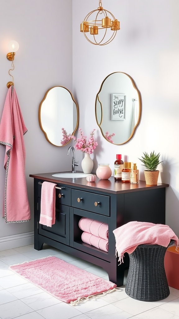 A bathroom featuring a bold black vanity with pink accessories, including towels, decor, and a rug.