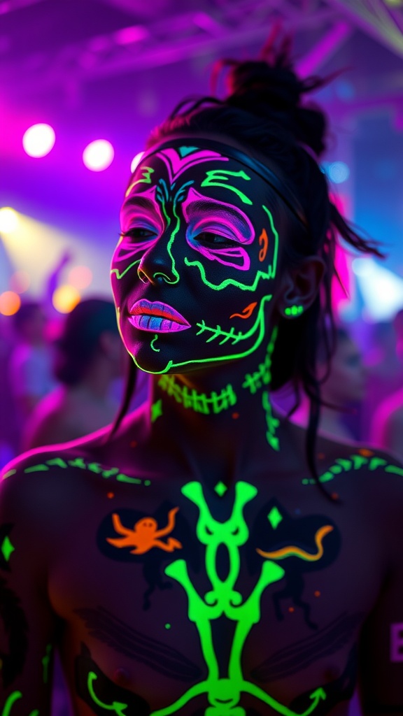 A person with bold body art and glow-in-the-dark makeup at a rave