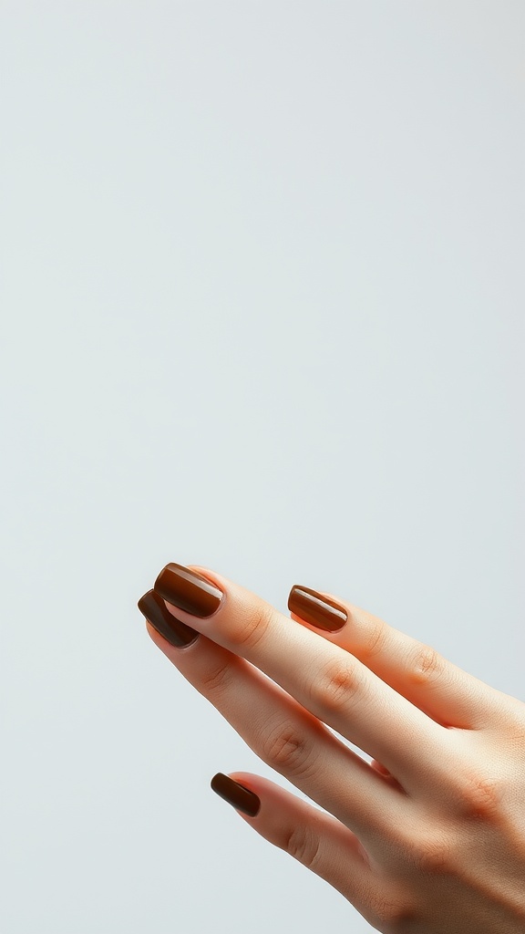 A hand with bold brown French tip nails against a light background.