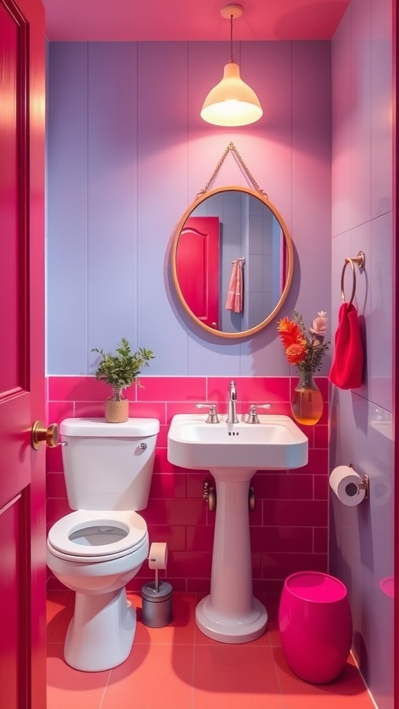 A small, colorful half bathroom featuring pink and blue walls, a round mirror, and modern fixtures.
